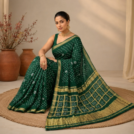 Pure Gajji Silk Green Bandhej Saree with Ghatchola grid Heavy Pallu