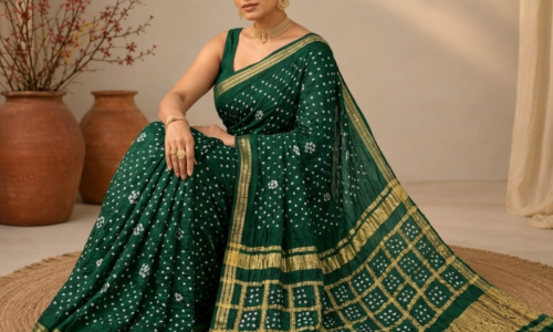 Pure Gajji Silk Green Bandhej Saree with Ghatchola grid Heavy Pallu
