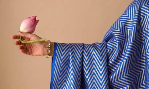 Zig-Zag Pattern Golden Zari on Blue Pure Banarasi Silk 2