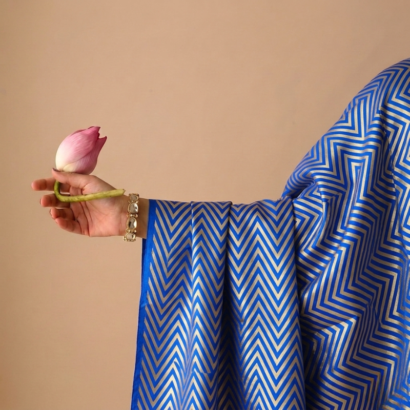 Zig-Zag Pattern Golden Zari on Blue Pure Banarasi Silk 2