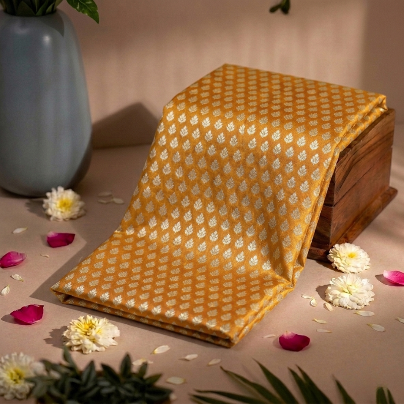 Leaf Pattern Golden Zari on Yellow Pure Banarasi Silk