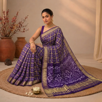 Pure Gajji Silk Royal Purple Bandhej Saree with Heavy Pallu