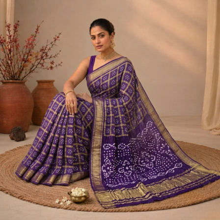 Pure Gajji Silk Puple Bandhej Saree with Heavy Pallu