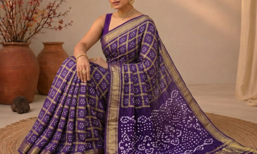 Pure Gajji Silk Puple Bandhej Saree with Heavy Pallu