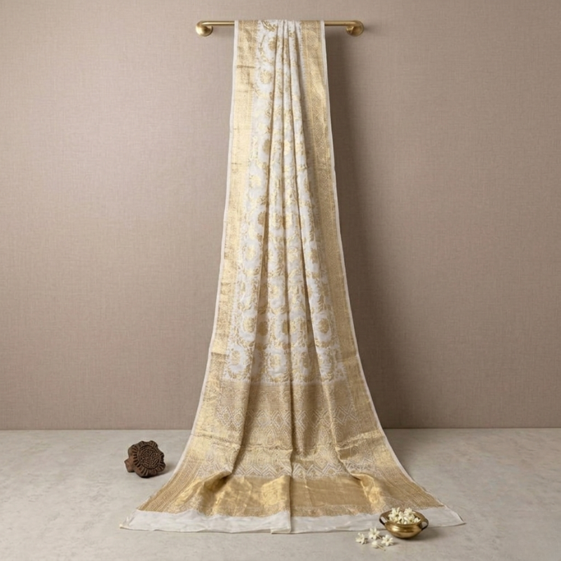 Dyeable Floral Jaal Jaquard Gerogette Saree with Heavy Pallu
