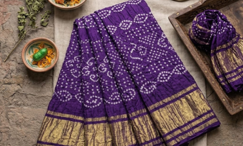 Pure Gajji Silk Puple Bandhej Saree with Heavy Pallu