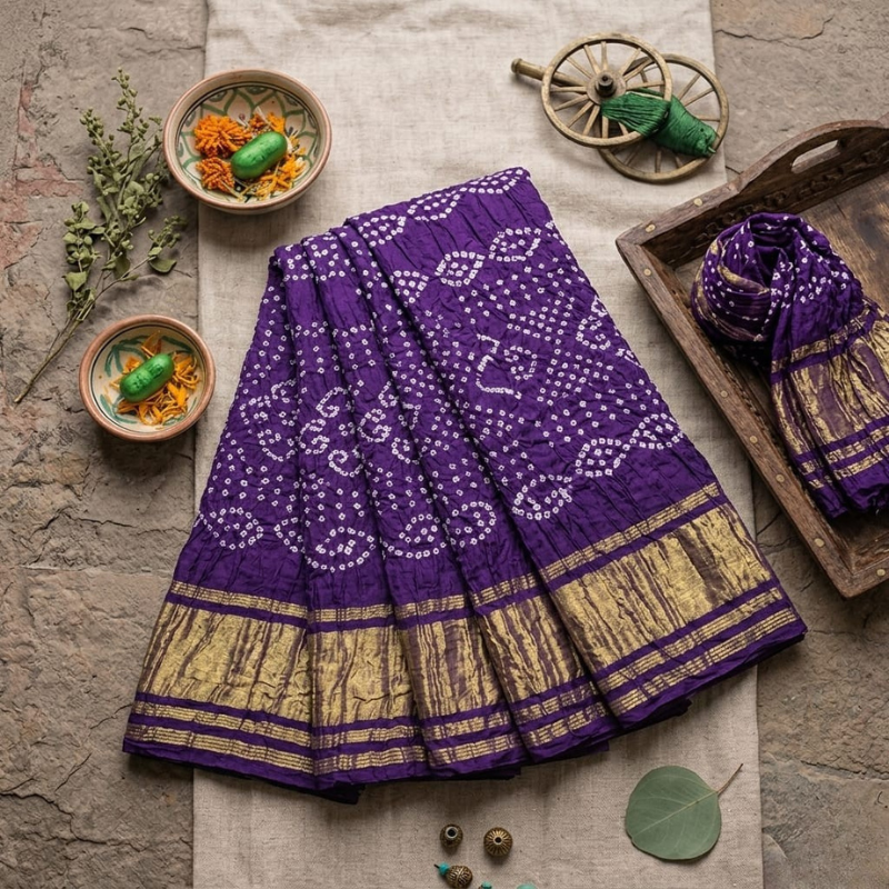 Pure Gajji Silk Puple Bandhej Saree with Heavy Pallu