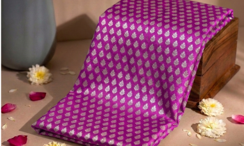 Leaf Pattern Golden Zari on Purple Pure Banarasi Silk