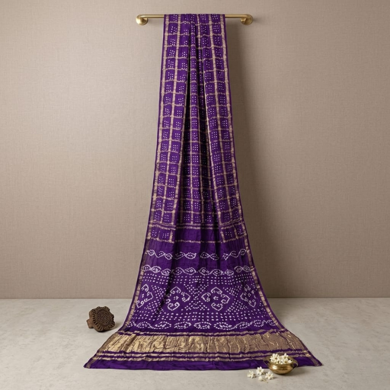 Pure Gajji Silk Puple Bandhej Saree with Heavy Pallu