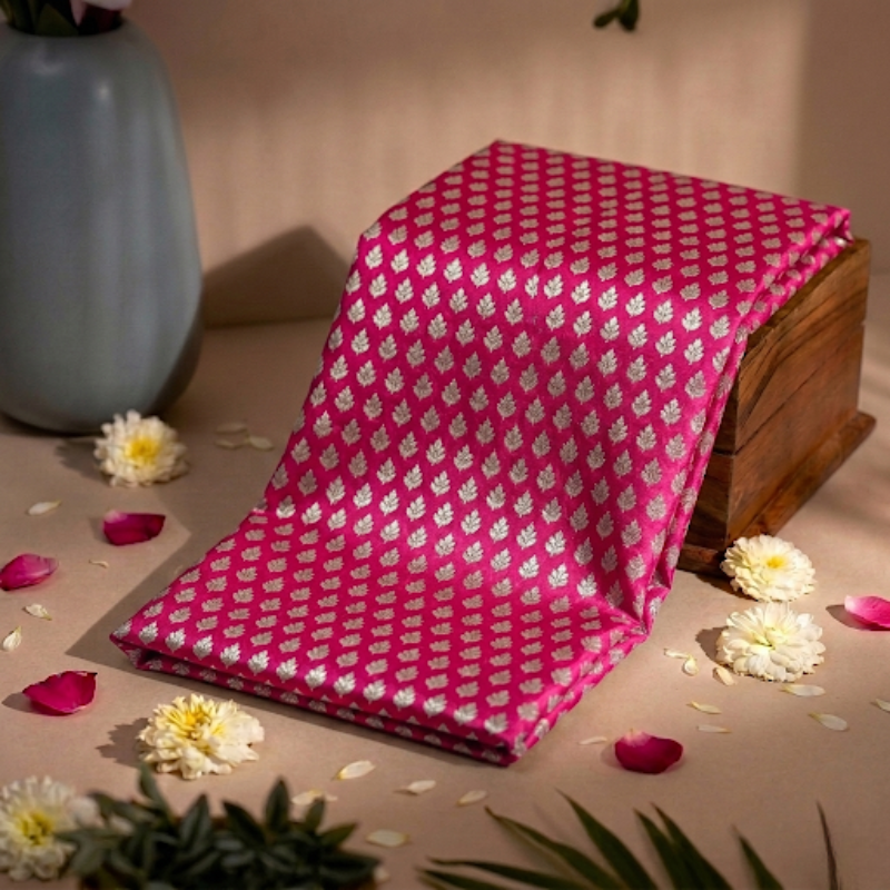 Leaf Pattern Golden Zari on Hot Pink Pure Banarasi Silk