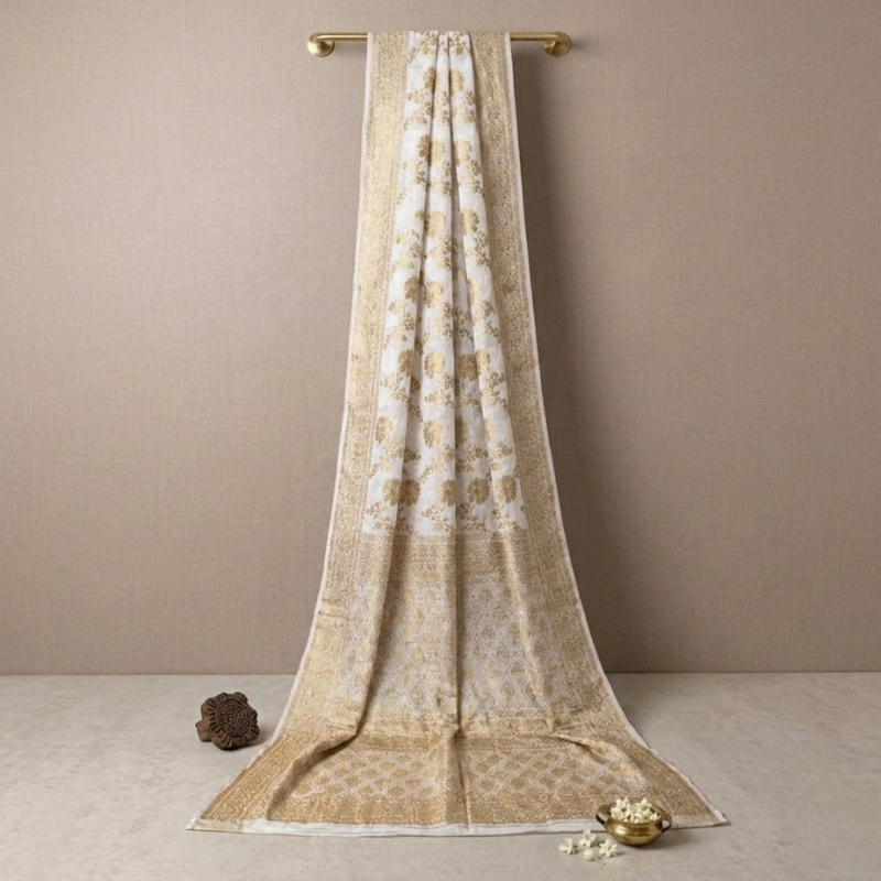 Dyeable Floral Jaal Jaquard Crepe Saree with Heavy Pallu