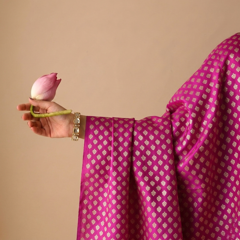 Leaf Pattern Golden Zari on Hot Pink Pure Banarasi Silk 2