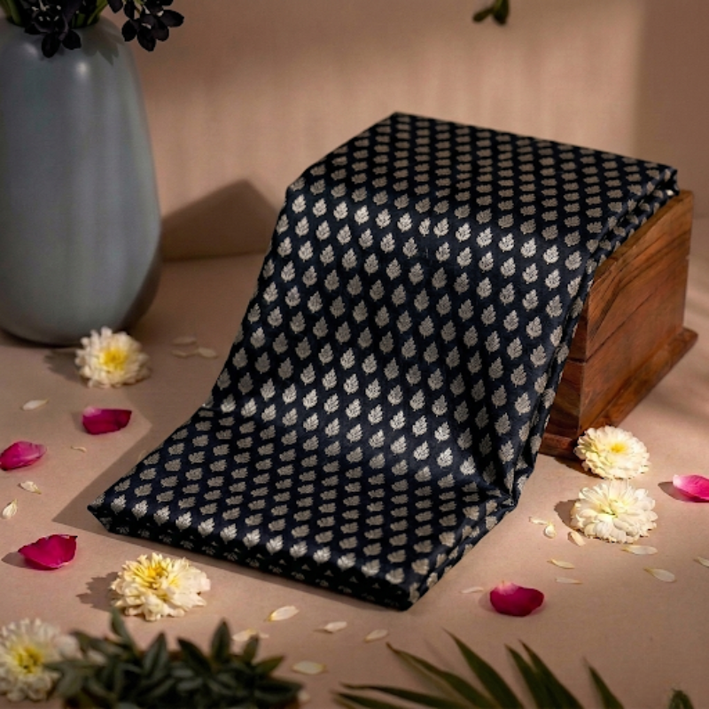 Leaf Booti Golden Zari on Black Pure Banarasi Silk