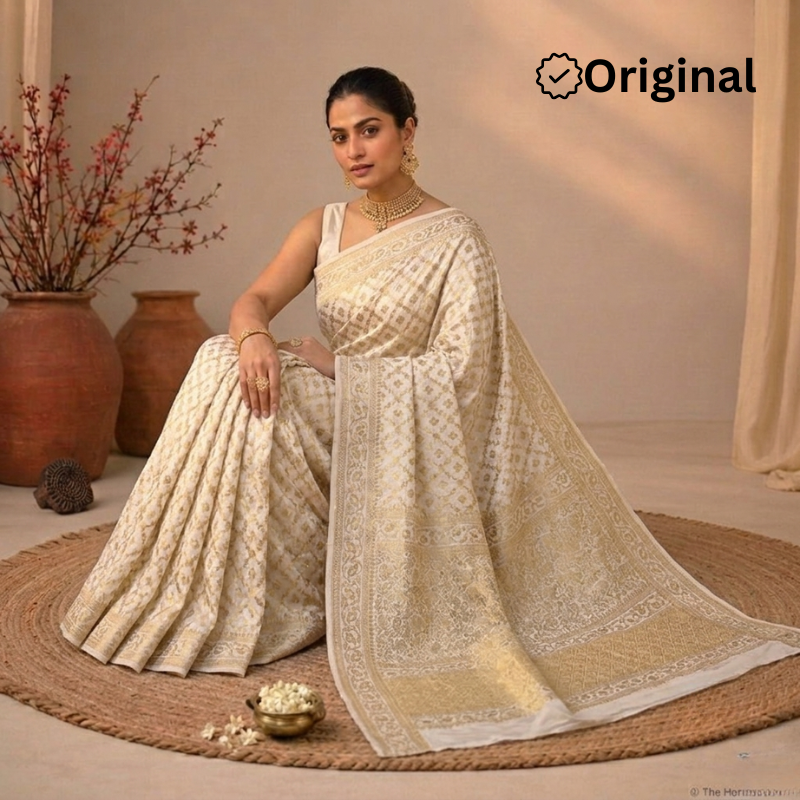 Dyeable Symmetrical Jaquard Satin Saree with Heavy Pallu