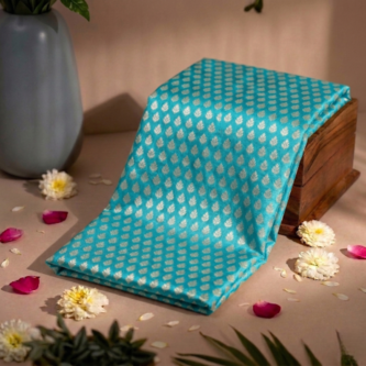 Leaf Booti Golden Zari on Sky Blue Pure Banarasi Silk