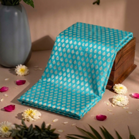 Leaf Booti Golden Zari on Sky Blue Pure Banarasi Silk