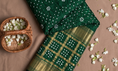 Pure Gajji Silk Green Bandhej Saree with Heavy Pallu