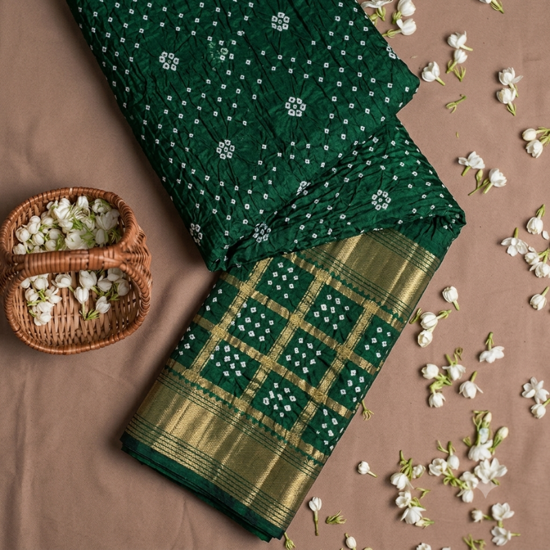 Pure Gajji Silk Green Bandhej Saree with Heavy Pallu
