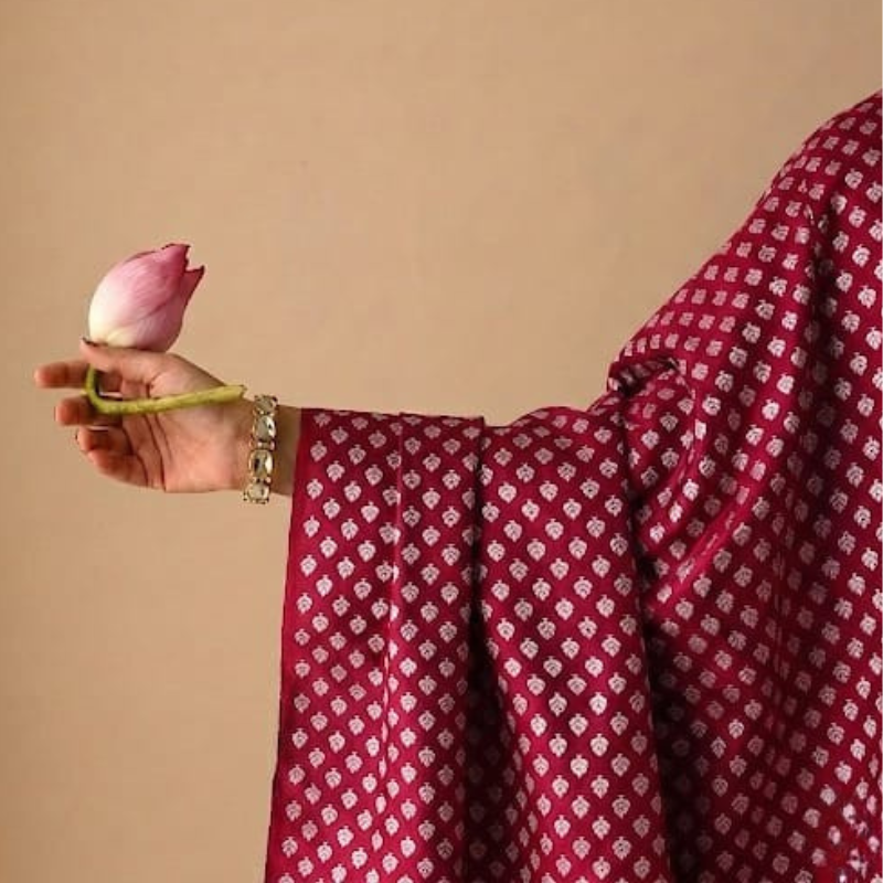 Leaf Pattern Golden Zari on Red Pure Banarasi Silk
