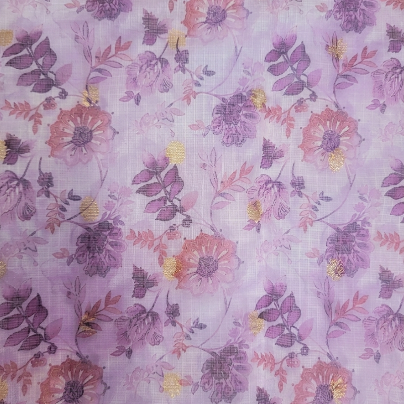 Lavendor Floral Print On Kota Doriya Fabric
