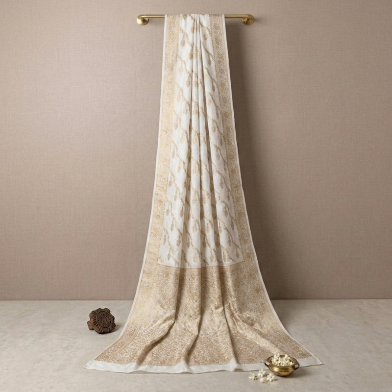 Dyeable Lehariya Jaal Jaquard Crepe Saree with Heavy Pallu