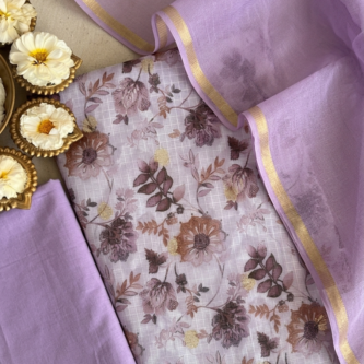 Lavendor Floral Print On Kota Doriya Fabric