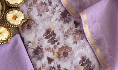 Lavendor Floral Print On Kota Doriya Fabric