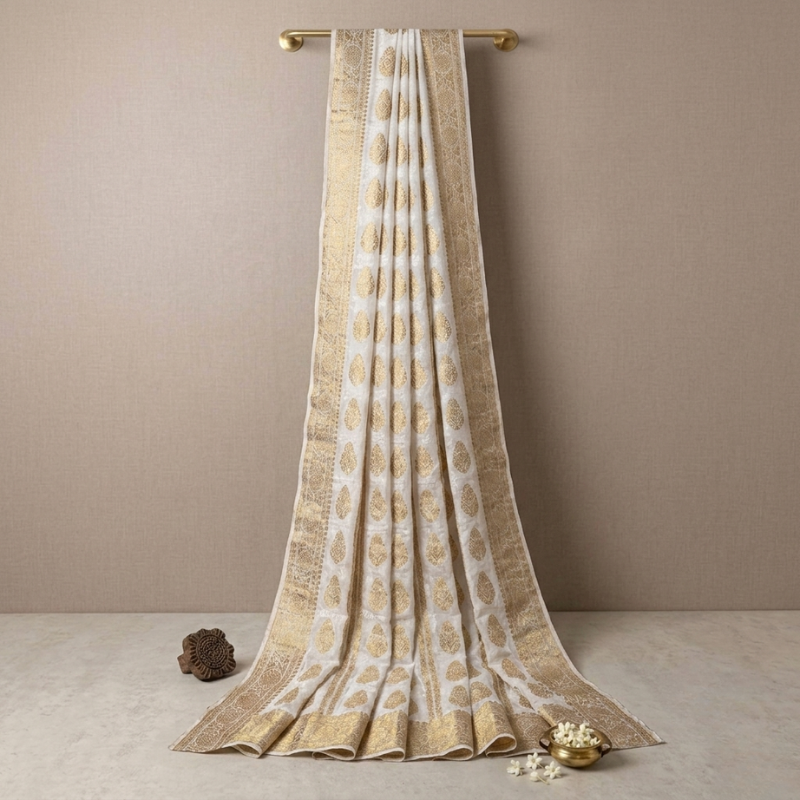 Dyeable Vertical Striped Jaal Jaquard Georgette Saree with Heavy Pallu