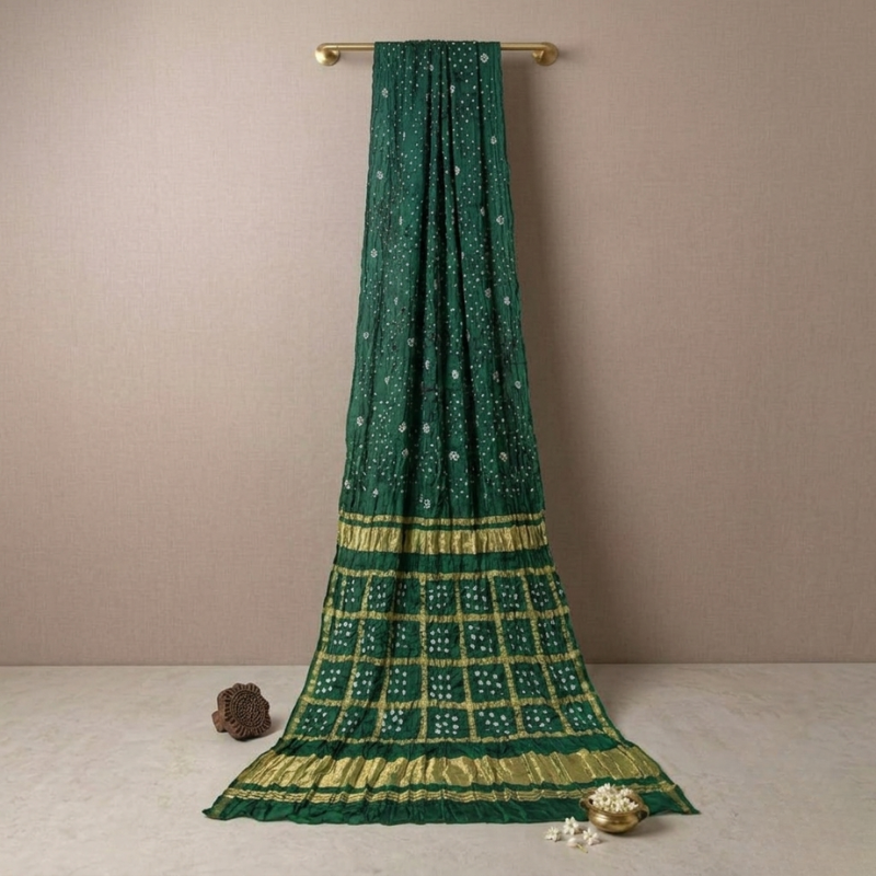 Pure Gajji Silk Green Bandhej Saree with Heavy Pallu