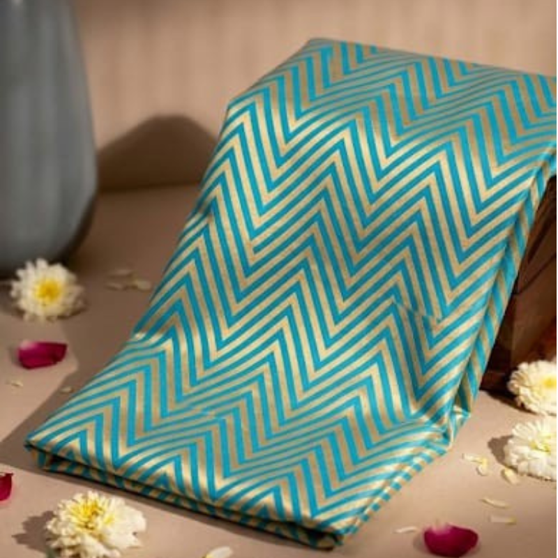 Zig-Zag Pattern Golden Zari on Sky Blue Pure Banarasi Silk