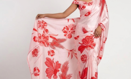 Satin Peach Pink Floral Saree