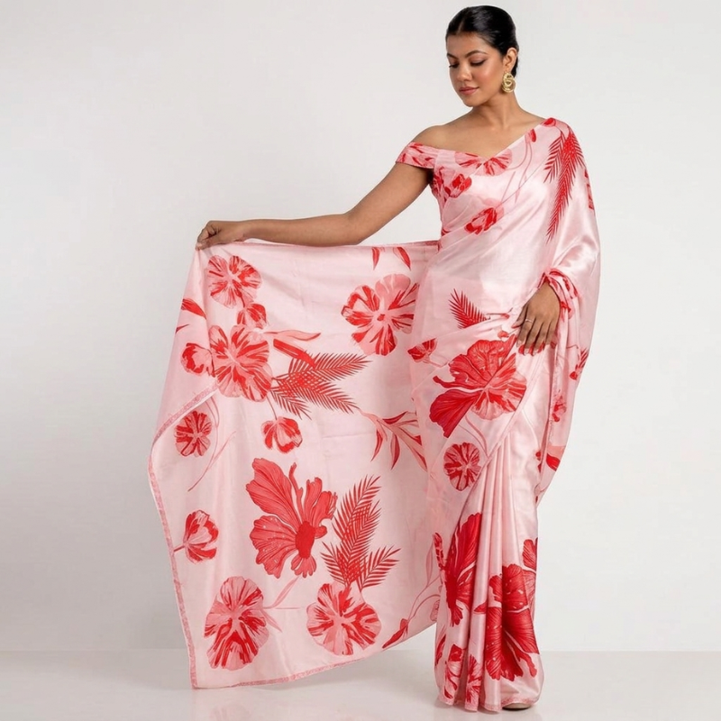 Satin Peach Pink Floral Saree