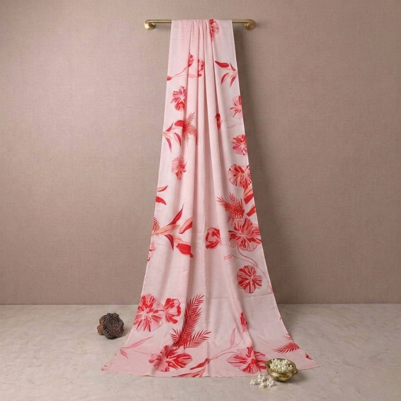Satin Peach Pink Floral Saree