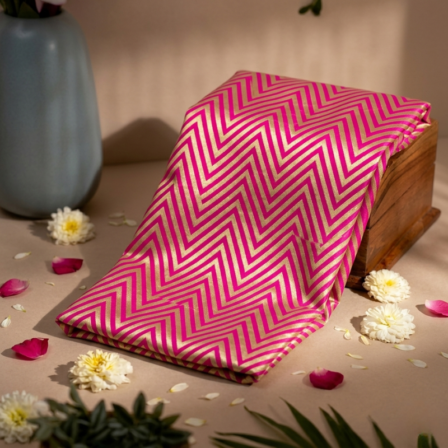 Zig-Zag Pattern Golden Zari on Hot Pink Pure Banarasi Silk