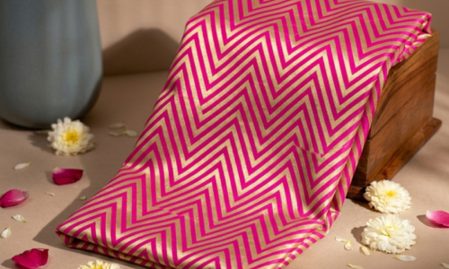 Zig-Zag Pattern Golden Zari on Hot Pink Pure Banarasi Silk