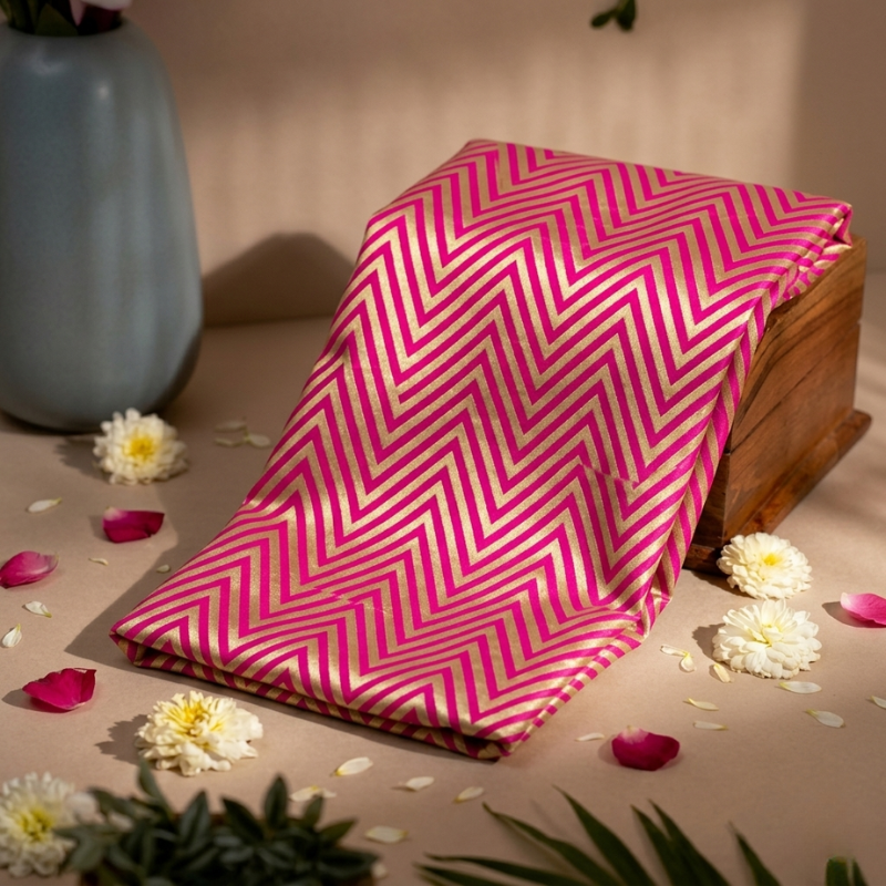 Zig-Zag Pattern Golden Zari on Hot Pink Pure Banarasi Silk