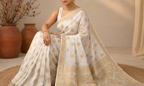 Dyeable Boota Jaquard Crepe Saree with Heavy Pallu