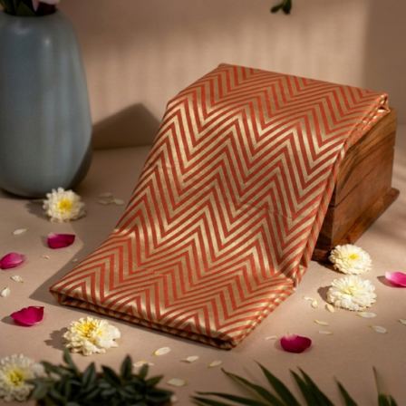 Zig-Zag Pattern Golden Zari on Orange Rust Pure Banarasi Silk