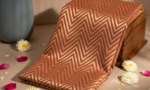 Zig-Zag Pattern Golden Zari on Orange Rust Pure Banarasi Silk
