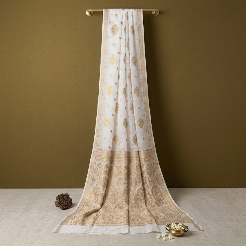 Dyeable Boota Jaquard Crepe Saree with Heavy Pallu