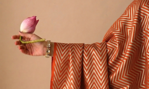 Zig-Zag Pattern Golden Zari on Orange Rust Pure Banarasi Silk 2