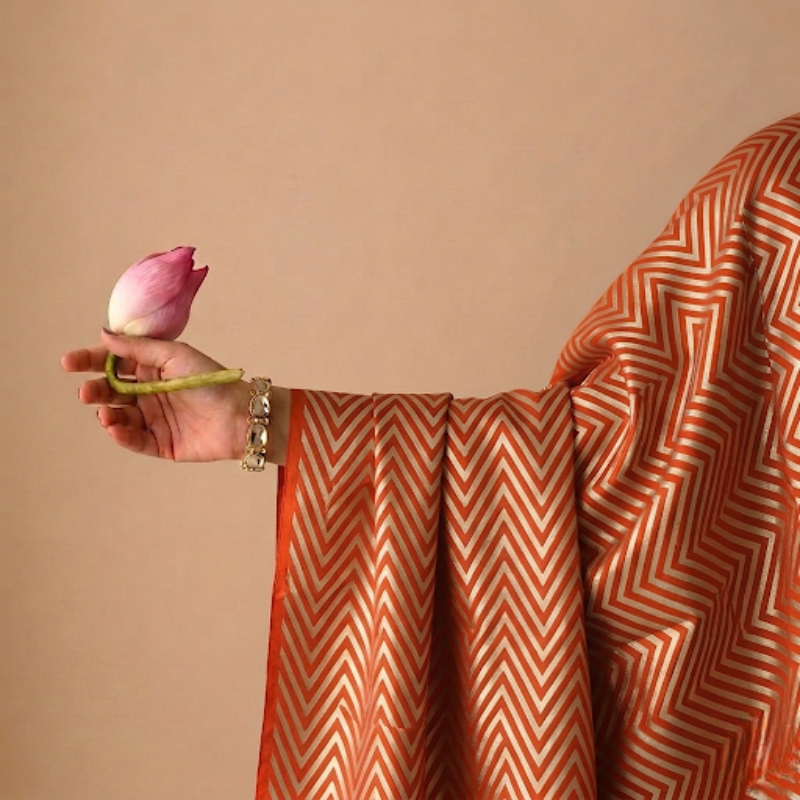 Zig-Zag Pattern Golden Zari on Orange Rust Pure Banarasi Silk 2