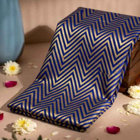 Zig-Zag Pattern Golden Zari on Blue Pure Banarasi Silk