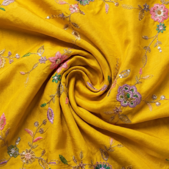 Floral Thread Sequin-Beads Embroidery on Bright Yellow Tissue Fabric