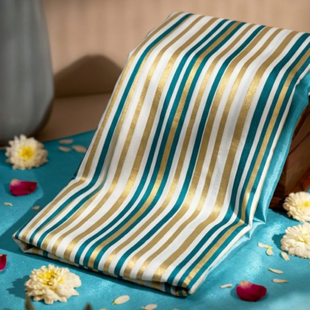 White & Blue Stripes with Golden Gloss Viscose Tissue Fabric 1