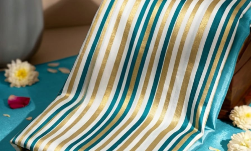 White & Blue Stripes with Golden Gloss Viscose Tissue Fabric 1