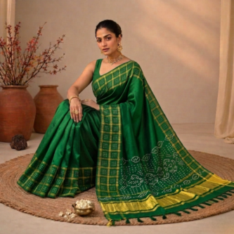 Pure Gajji Silk Green Bandhej Saree with Heavy Pallu