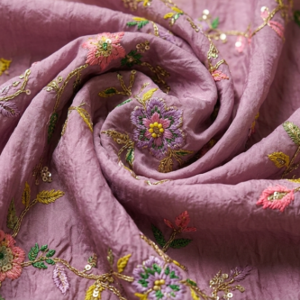 Floral Thread Sequin-Beads Embroidery on Bright Lavender Tissue Fabric